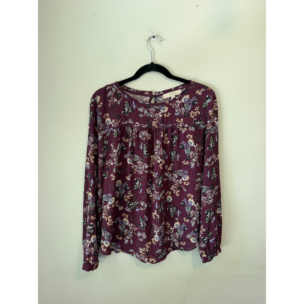 LOFT Womens Plum Floral Long Sleeve Empire Waist Blouse Top Size M 481770